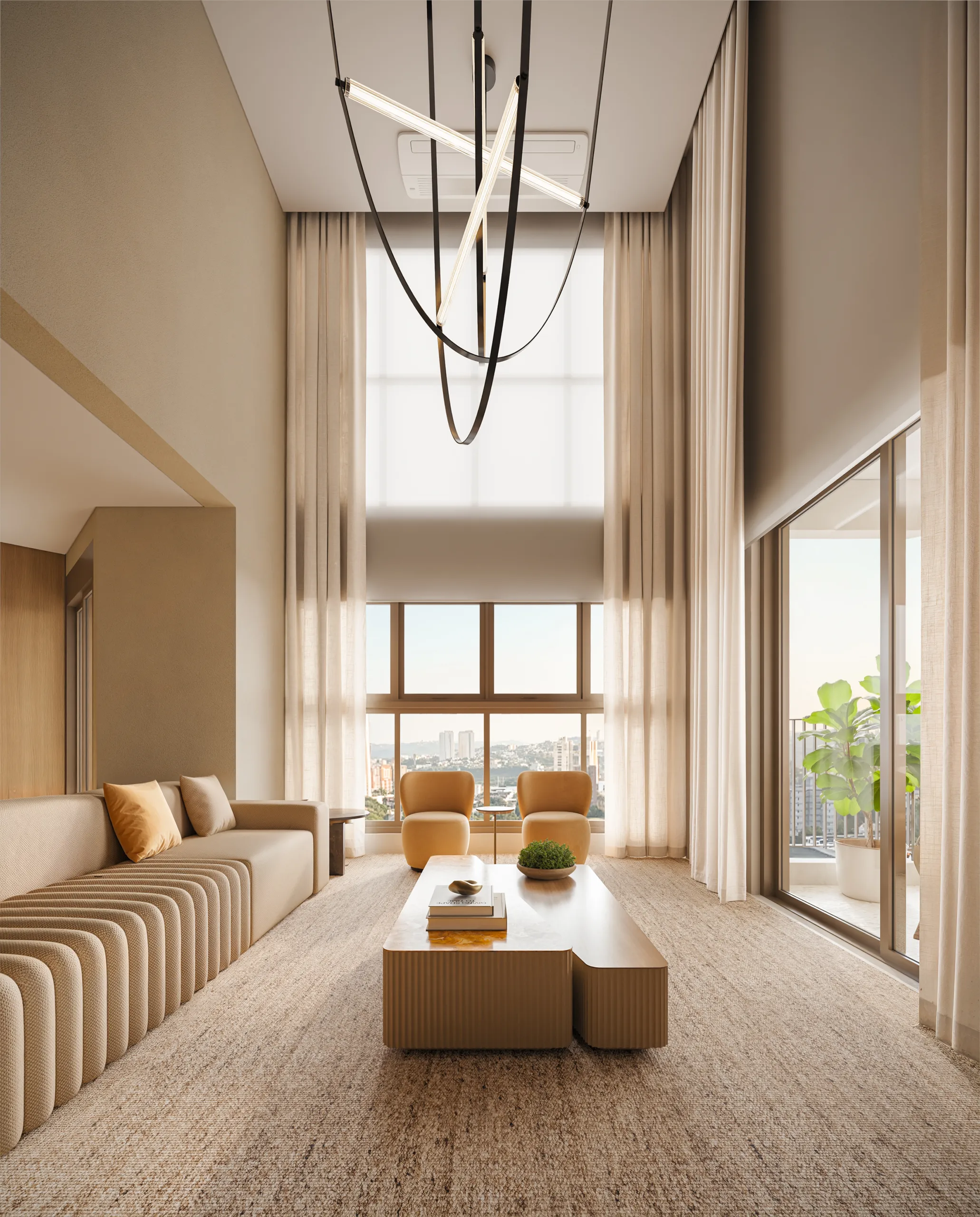 LIVING COM PÉ-DIREITO DUPLO DE 5,60M, DO APTO. DE 156M² Perspectiva artística